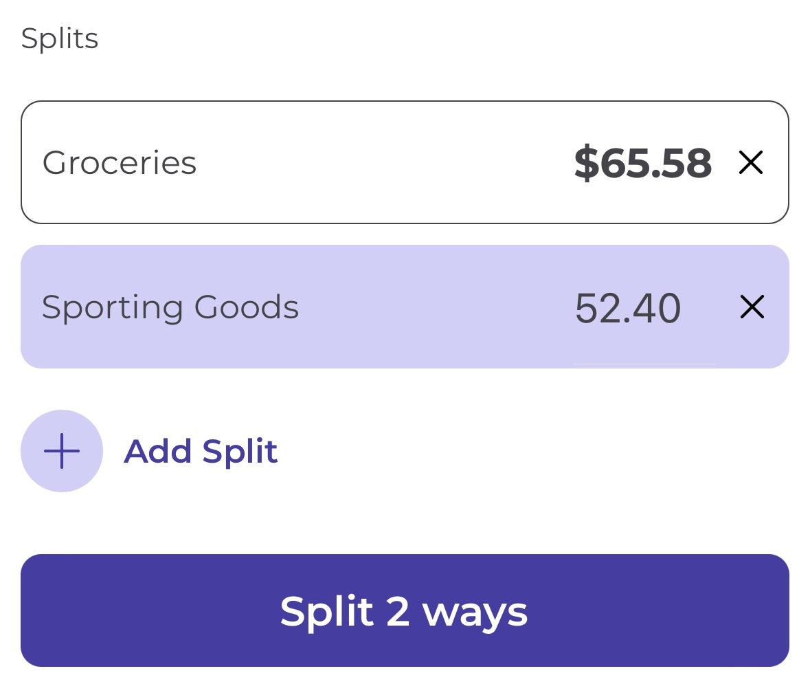 Transaction split of $65.58 and $52.40